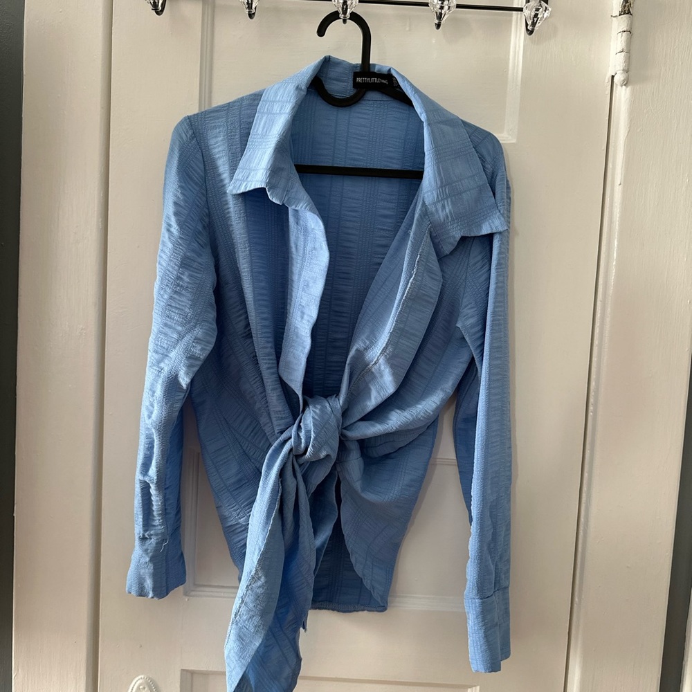 Cute blue tie front blouse